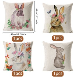 Pack of 4 Easter Cushion Covers, Easter Bunny Element Styles, 45 x 45 cm, Easter Decoration, Linen Cushion Cover, Spring Linen Sofa Bed Cushion Cover, Decoration for Living Room, Sofa, Office, Car
