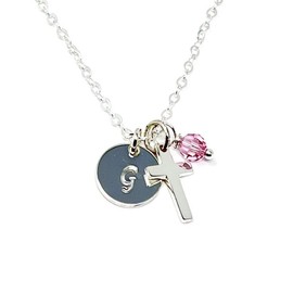Goddaughter Holy Gift, Cross Initial Birthstone Necklace, Sterling Silver, Baptism or Confirmation Gift, First Communion for Little Girl Cross Necklace