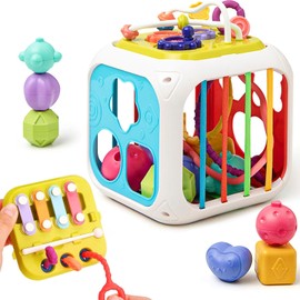 6 Coloridos Juguetes Sensoriales de Formas, con 4 en 1 Tablero de Juguetes, Clasificador de Formas Multifuncional con Banda Elástica, 7 Formas de Jugar, para Niños y Niñas