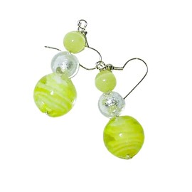 CYNTHIA LYNN "LEMON MERINGUE" CHUNKY YELLOW WHITE LAMP WORK GLASS & CATS EYE BEADED EARRINGS 2" (Silver Plated)