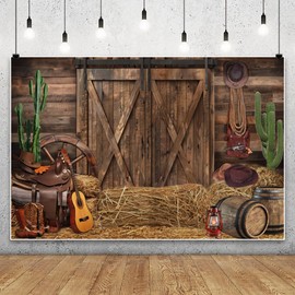 Laeacco Rustic Old Wooden Barn Door Backdrop Vintage West Cowboy Background Cactus Wine Barrel Haystack Western Theme Music Birthday Party Decoration Supplies Wedding Photo Studio Props 10x8ft