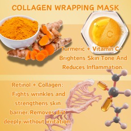 Turmeric Collagen Night Wrapping Mask - Peel Off Face Mask for Pore Tightening, Anti-Aging & Blackhead Removal with Vitamin C & Collagen Gel, Hydrating Exfoliating Gel Treat for Dull Skin.