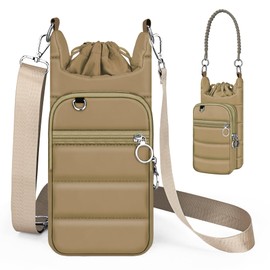 bvya Puffer Water Bottle Holder Quilted Sports Pouch Bag with Adjustable Shoulder Strap & Paracord Handle