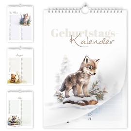Birthday Calendar Undated Birthday Planner Wall Calendar A5 Perpetual Year-Independent Calendar Birthday Overview for Hanging Animal Design in Delicate Watercolour Forest Animals