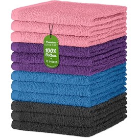 DecorRack 12 Pack 100% Cotton Wash Cloth, Luxurious Soft, 12 x 12 inch Ultra Absorbent, Machine Washable Washcloths, Dark Assortment Colors (12 Pack)