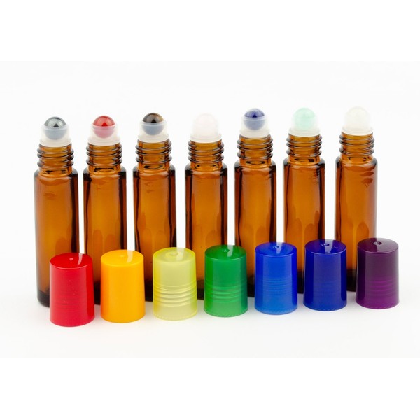 Grand Parfums CHAKRA HEALING SET of Natural Gemstone Roller Balls, in Amber Glass 10ml Glass Roller Bottles with Chakra Colored Caps for Easy Identification