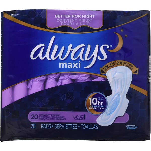 Always Extra Heavy Overnight Maxi Pads with Flexi-Wings - 20 Count (2 Pack) (Packaging may vary)
