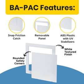 Best 8” x 8” High-Impact ABS Plastic Access Panel with UV Stabilizers, Flush Plastic Access Door for Drywall, Drywall Panel for Plumbing, Wiring & Cables, Snap Friction Catch Latch, AMZ-BA-PAC