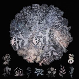 Pack of 100 Scrapbook Stickers, PET Holographic Glitter Stickers Flowers, Transparent Holographic Plant Stickers, Scrapbooking Stickers for Photo Album, Diary, Wedding Guest Book (50 Patterns)