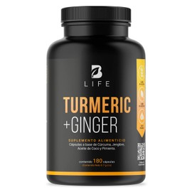 Cúrcuma + Jengibre 180 Cápsulas. Ingredientes naturales: Aceite de Coco. Turmeric + Ginger B Life