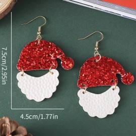 Fashion Jewelry Faux Leather Christmas Santa Hat and Beard Dangle Earrings