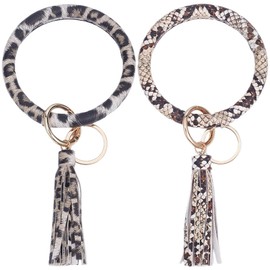 SUNNYCLUE 1 Box 2pcs Wrist Keychain Holder Leather Wristlet Keychain Imitation PU Leather Cute Black Brown Wrist Round Circle Bracelet Key Chain With Tassle For Women Men Bangle Key Rings Wallet Gifts