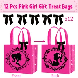 C L cooper life 12pcs Hot Pink Girl Party Gift Treat Bags with Handles Pink Girl Grocery Shopping Bag Princess Theme Non-Woven Bags for Girls Birthday Party Ladies Bachelorette Party Supplies