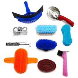 Horse Grooming Kit, 10 Pieces Prosessional Ponny Cleaning Grooming Tool Set with Pounch for Horse Daily Care (Random Color)