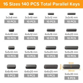 Lyeteung 140 PCS 16 Sizes 3-4-5-6 mm Round Ended Feather Key Set, Carbon Steel Key Stock Assortment, Feather Key Assortment, Parallel Drive Shaft Keys Set, for Fasteners Mechanical Industry