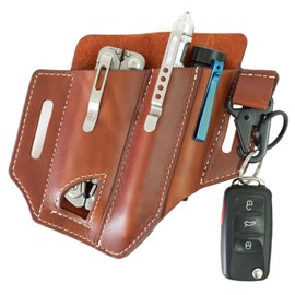 Multitool Sheath for Belt (Premium Leather) - EDC Pocket Organizer | Leatherman Holster | Handmade Leather Multitool Pouch with Pen Holder, Flashlight Sheath and Key Fob Clip by ATQANA® (Rust Brown)