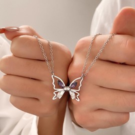 Zeshimb Crystal Butterfly Couple Necklace Silver Butterfly Magnetic Matching Necklace Diamond Butterfly Friendship Necklace Shiny Zirconia Butterfly Pendant Necklace BFF Necklace for 2