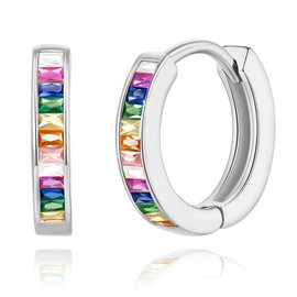 GLOQUAT Colorful CZ Crystal Earrings 14K Gold Plated Rainbow Hoops for Women S925 Silver Post Vintage Colorful Cubic Zirconia Huggies Gold Round Circle Hoops for Women Trendy Jewelry 10mm