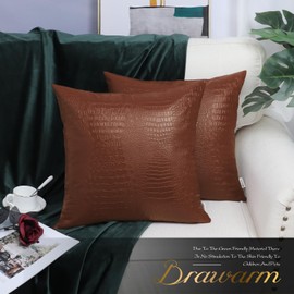 BRAWARM Faux Leather Pillow Covers 22 X 22 Inches, Light Brown Leather Pillow Covers Pack of 2, Crocodile Leather Decorative Throw Pillows for Living Room Couch Bed Sofa Home