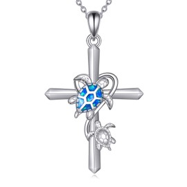 DAYLINLOVE Turtle Cross Chain 925 Sterling Silver Blue Opal Sea Turtle Pendant Necklace Ocean Beach Mother Daughter Jewellery Gifts for Women Girls Women Girls