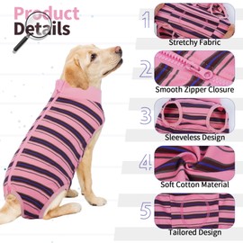LeLePet Dog Recovery Suit, Striped Pet Surgical Vest for Male Female Dogs, Dog Body Suit After Surgery, Post Surgery Onesie for Spay Neuter, Anti-Licking Medical Pet Shirt for Dogs, Pink L
