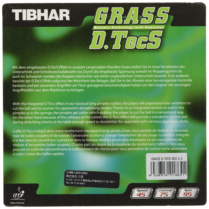 Tibhar Grass D.TecS Table Tennis Pips-Out Rubber (Red, 1.2)