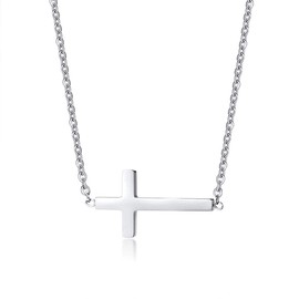 Silver Plated Stainless Steel Sideways Cross Necklace Small Simple Cross Pendant Necklace Delicate Christian Necklace for Women