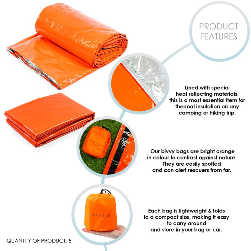Bramble - 5 Premium Emergency Thermal Bivvy Bags, Survival Weatherproof