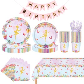 102 Pieces Fairy Party Tableware Children's Birthday Set, 20 Guests Fairy Party Tableware Set, Fairy Children's Birthday Decoration, Butterfly Fairy Plate Set, Reusable, Straws, Napkin, Tablecloth,