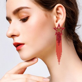 EVER FAITH Star Tassel Earrings for Women, Crystal Long Waterfall Beaded Fringe Holiday Chandelier Dangle Drop Statement Costume Jewelry Red Red-Tone