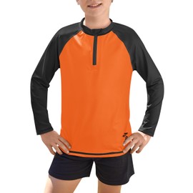 BesserBay Boys' Long-Sleeved Stand-Up Collar UV Shirt 1/4 Zip Rash Guard UPF 50+ Children 110-150, Black & Orange