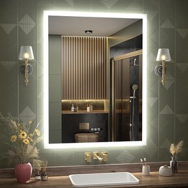 GANPE 28 x 36 inch LED Bathroom Mirror with Motion Sensor and Bluetooth Speaker, Touch Control Makeup Vanity Mirror Wall Mounted, IP44 Waterproof Anti-Fog Vertical & Horizontal