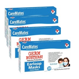 CareMates Soft Disposable 3-Ply Elastic Earloop Patient Mask, Fluid Resistance, 99% Bacterial & Small Particle Filtration, Breathable, 20-count Pack of 4