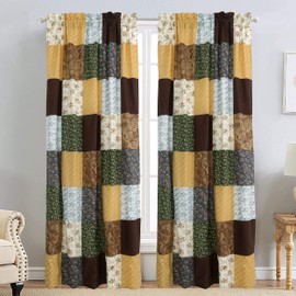 Cozy Line Home Fashions Andy Brown Olive Mustard Yellow Farmhouse Country Patchwork Window Curtains with Tie Backs Set, 84" x 53", 2 Panels