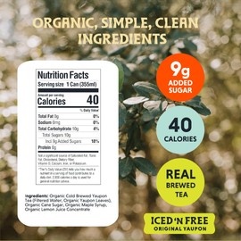 Freedom Fluid Organic Yaupon Iced Tea – Refreshing Lemon | Lightly Sweetened, Low Sugar, Low Calories, Real Brewed Tea, Clean Ingredients, Antioxidant Rich, Natural Caffeine, 12 Pack (12 oz cans)