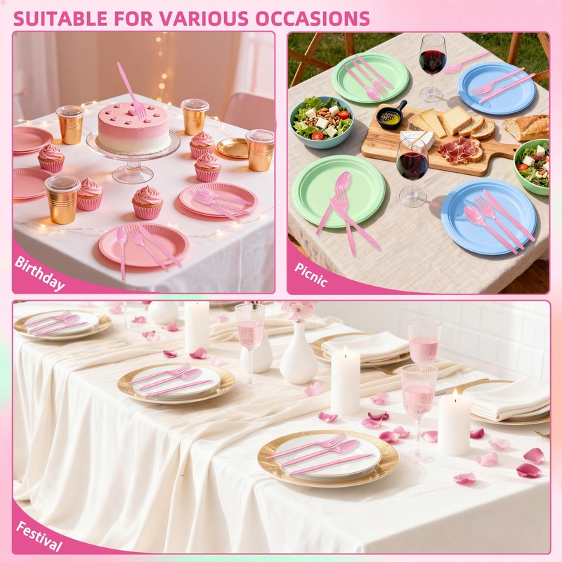 300Pcs Disposable Pink Silverware Set, Plastic Cutlery Set, 100 Forks,