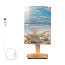 YEGAME Starfish Summer Beach Bedside Table Lamp for Bedroom Nightstand, Small Eye Care LED Desk Reading Lamp USB Port Wood Base Round Flaxen Fabric Shade for for Kids Room Living Room Office Desk