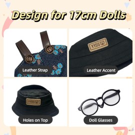 QIXINGWISE 17cm Doll Clothes Set - Denim Overalls, Bucket Hat, Mini Glasses, Cute Jeans Romper with Leather Strap, 6.7 Inches Doll Outfit for Dress Up & Display (Flower)