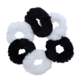 Small Faux Fur Scrunchies Hair Tie - Set of 6 - Black & White