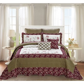 Home Soft Things Bedspread Coverlet Oversized Saigon 7 Piece Set,102" x 118",Queen, Green,Floral Design Multicolor Lightweight Bedding Set with Matching Decorative Pillows