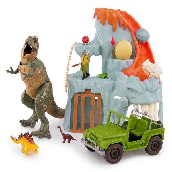 Terra by Battat – 14 Pcs Lava Mountain T-Rex Adventure Playset - Electronic Dinosaur with Light-Up Eyes - Movable Roaring T-Rex Toy for Kids Ages 3+