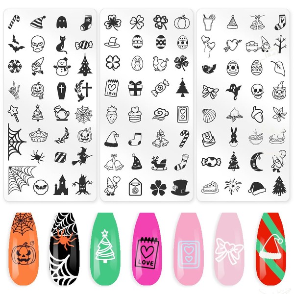 beinkmake 3Pcs Holiday Nail Stamping Plate Set Christmas Halloween Nail