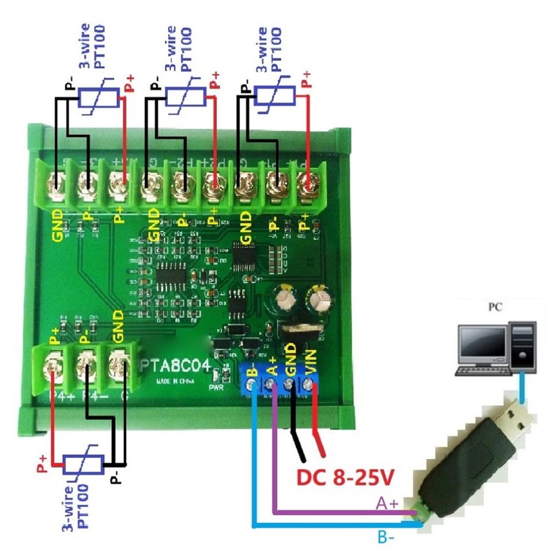 Temperature Sensor Module Resistance Collection PT100 RTD RS485 with Guide