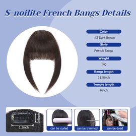 Clip in Bangs Hair Clip S-noilite Human Hair Bangs Hair Pieces for Women French Bangs Fake Bangs #2 Dark Brown Bang 14g Faux Bangs Clip Human Hair（French Bangs#2 Dark Brown）