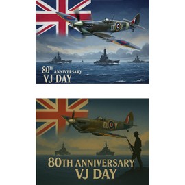 PACK OF 2 X 2025 VJ Day 80th Anniversary 3x5ft Flags Banner Decorations Memorabilia 80 Years Victory Japan, Patriotic Spitfire Decorations for Victory, Armed Forces Day RAF WW2 1945 Union Jack
