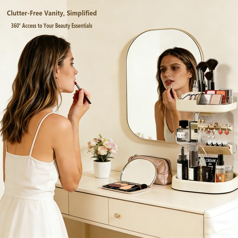 360 Spinning Rotating Makeup Organizer for Vanity with Adjustable Trays