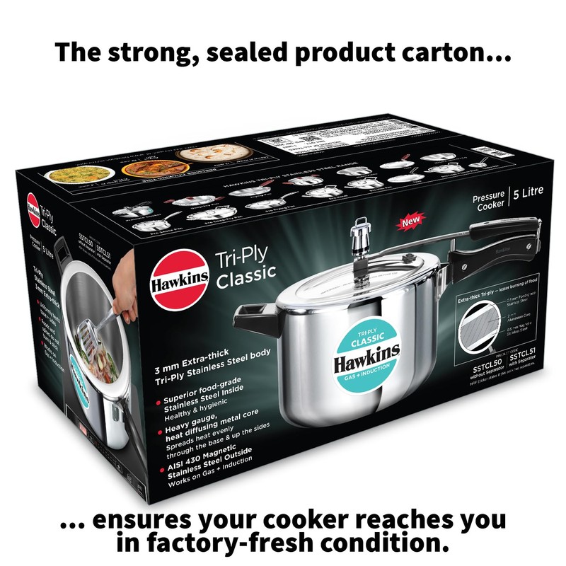 Hawkins Classic 5 Litre Tri-Ply Pressure Cooker, Triply Stainless Steel