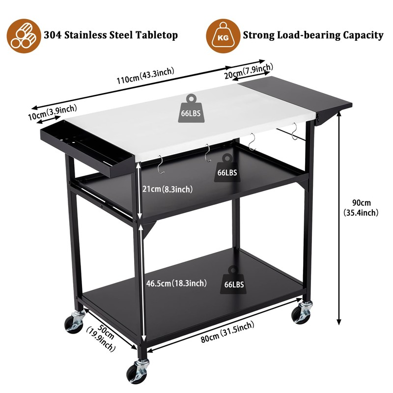 GarveeLife Outdoor Grill Table Cart with 4 Wheels, Stainless Steel