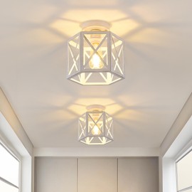 XSDeTu 2 Pack White Semi Flush Mount Ceiling Light, Modern Hallway Light Fixture, Vintage Metal Hexagonal Ceiling Lamp for Kitchen Entryway Porch