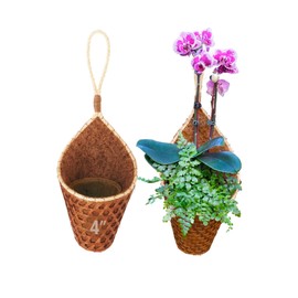 PANWA Handmade 100% Thai Bamboo Hanging Basket Coconut Coir Cornucopia (4 Inch 2-Pack)
